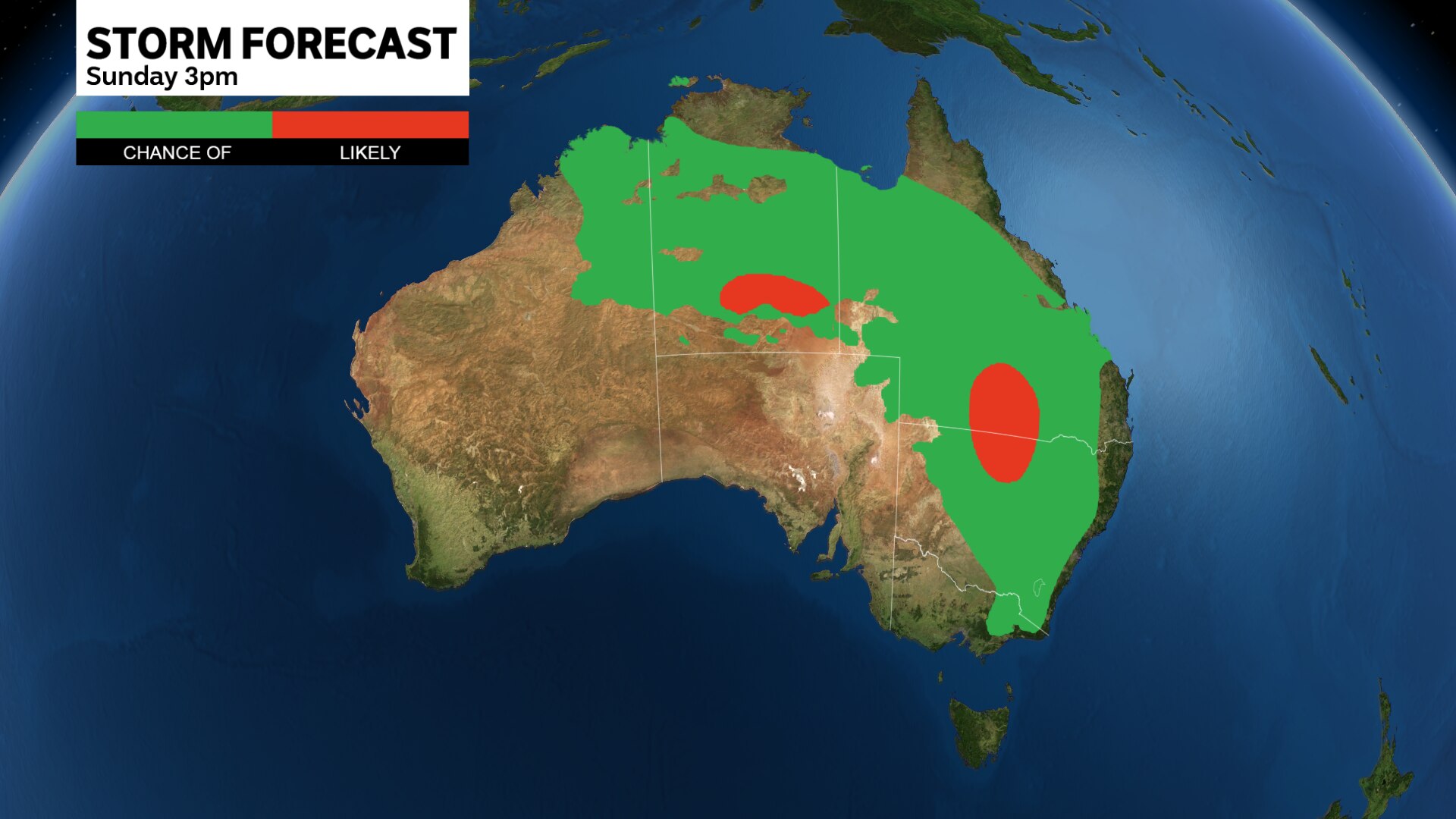 a map of australia showing patches of green and red that show where storms are forecast for sunday november 19