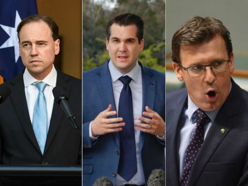 From left to right, Greg Hunt, Michael Sukkar and Alan Tudge from the Liberal Party.