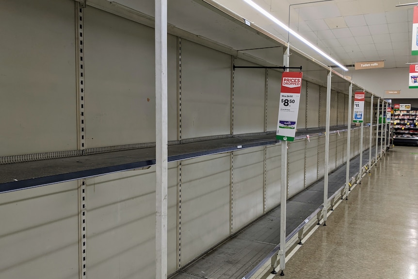 Empty supermarket shelves.