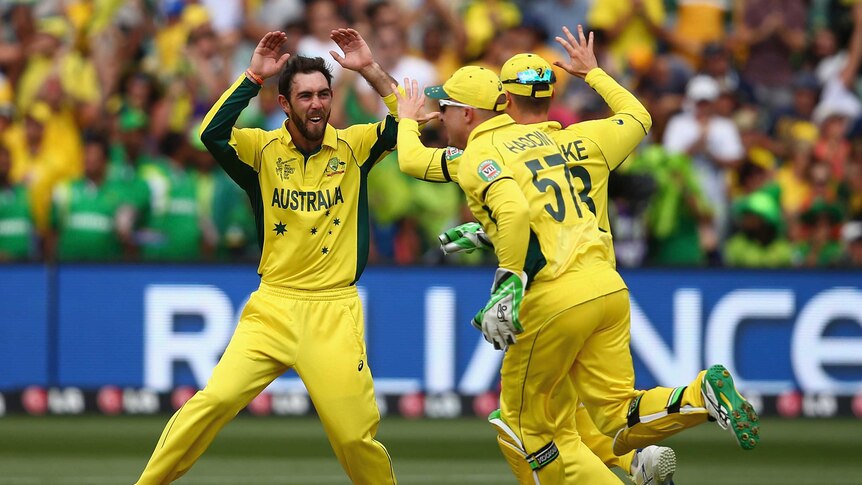 Glenn Maxwell of Australia celebrates after taking the wicket of Misbah-ul-Haq of Pakistan