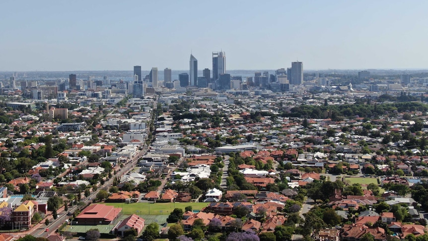 An aerial view of Perth's skyline from Mount Lawley.