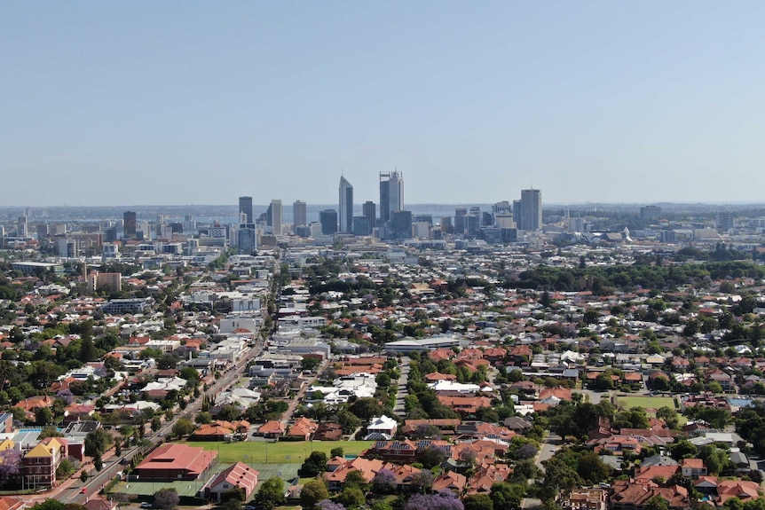 An aerial view of Perth's skyline from Mount Lawley.