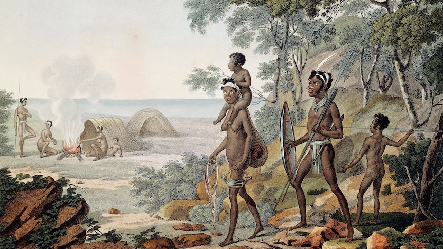 Sketch of Aboriginal family group walking through bush in coastal setting. Others camping on the beach