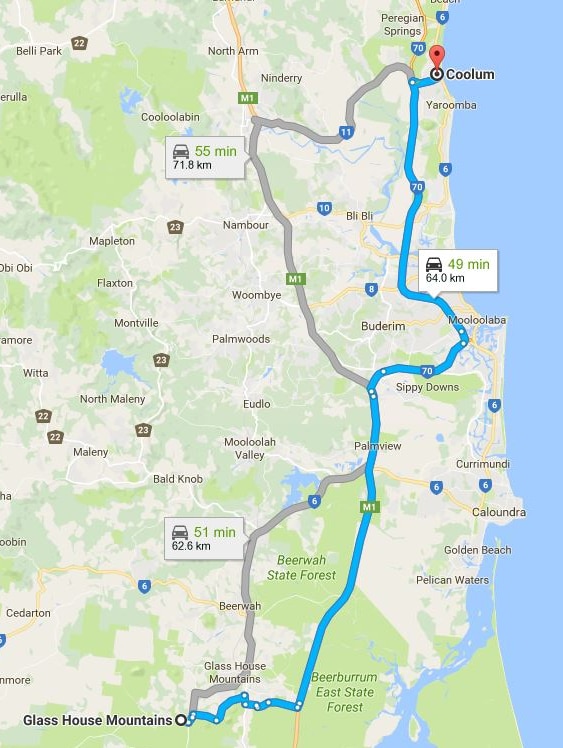 map showing a line between Glasshouse Mountains and Coolum