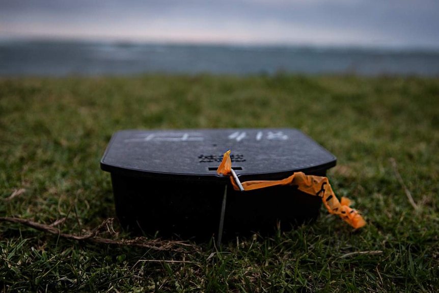 A small plastic black box, in a field.