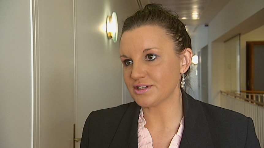 Jacqui Lambie speaks in the corridors of Parliament House