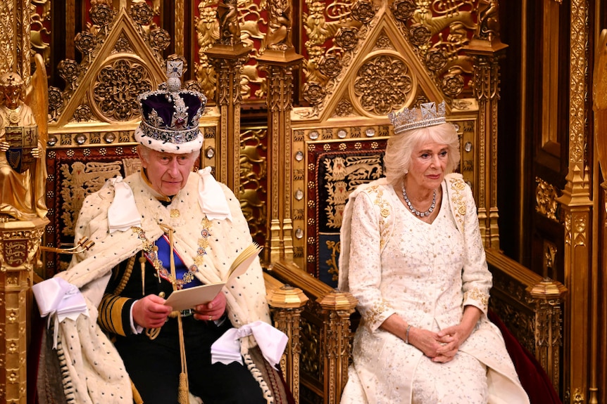 charles and camilla in robes and crowns sit on golden thrones