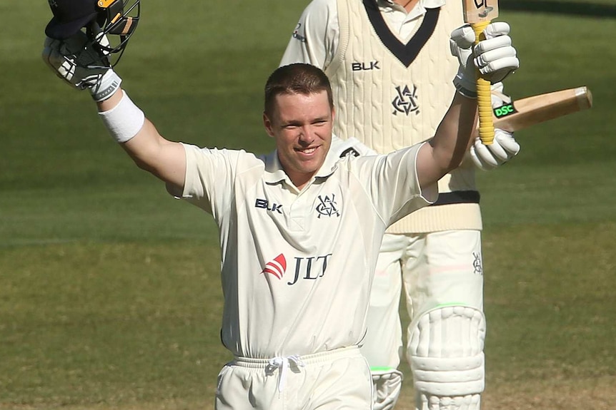 Marcus Harris celebrates a double century for Victoria