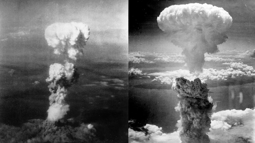 Mushroom clouds of smoke can be seen filling the sky in two black and white images.