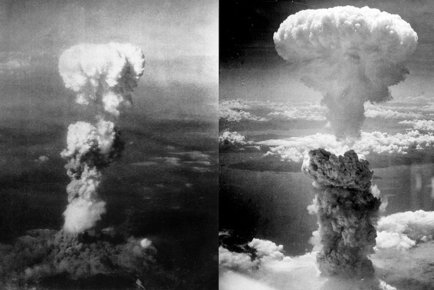 Mushroom clouds of smoke can be seen filling the sky in two black and white images.