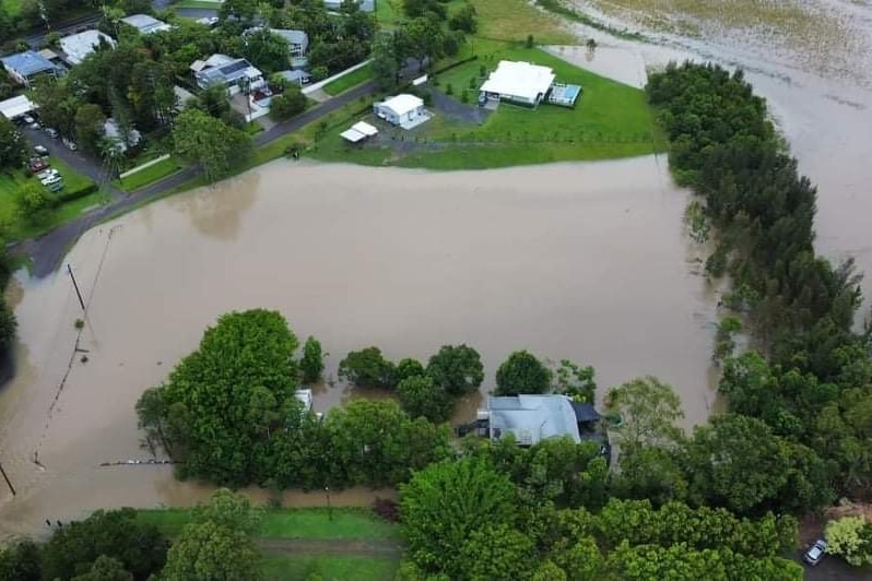 Aerial view of flooding in residential area