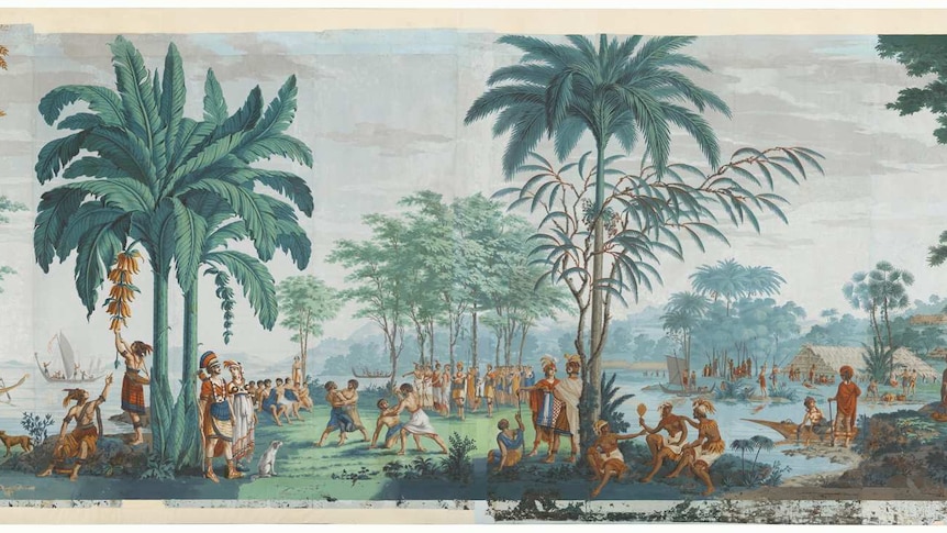 A section of Dufour's 1805 wallpaper, featuring painted scenes of Pacific Islanders and Europeans in neoclassical style.