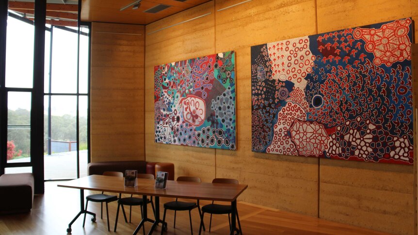 Artworks hang inside the Ukaria Cultural Centre.