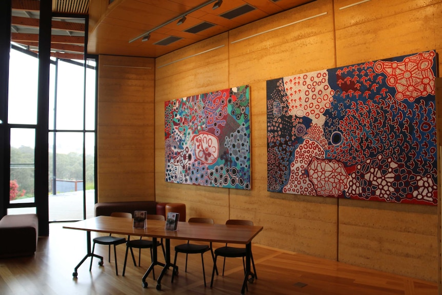Artworks hang inside the Ukaria Cultural Centre.