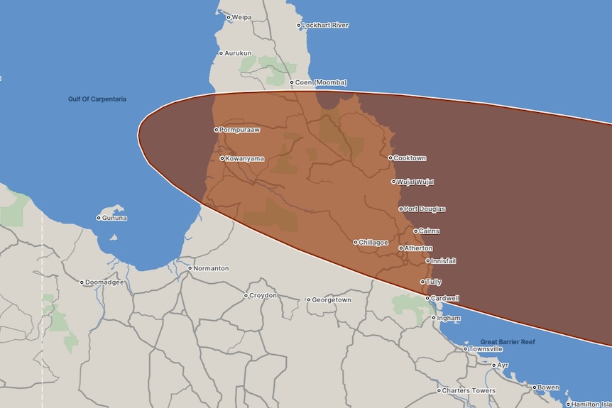 A BOM map of the predicted impact of a cyclone on Far North Queensland