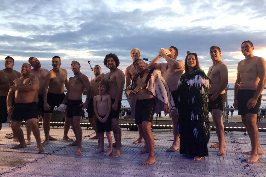 New Zealand performers at the Mooloolaba Beach dawn service performed a haka and a welcome song.