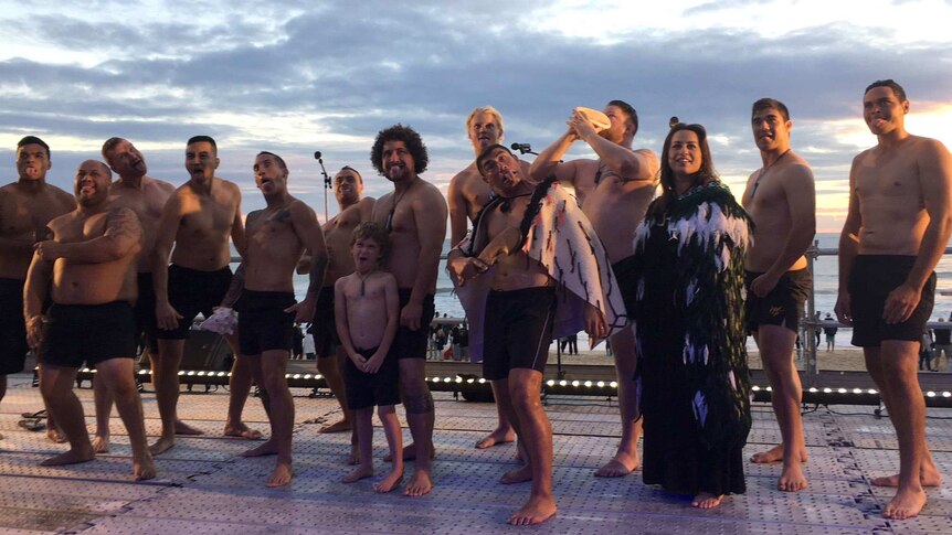New Zealand performers at the Mooloolaba Beach dawn service performed a haka and a welcome song.