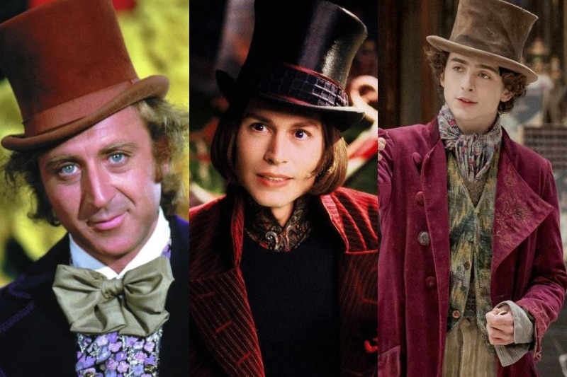 A composite of three willy wonkas. Gene Wilder, Johnny Depp and Timothee Chalamet