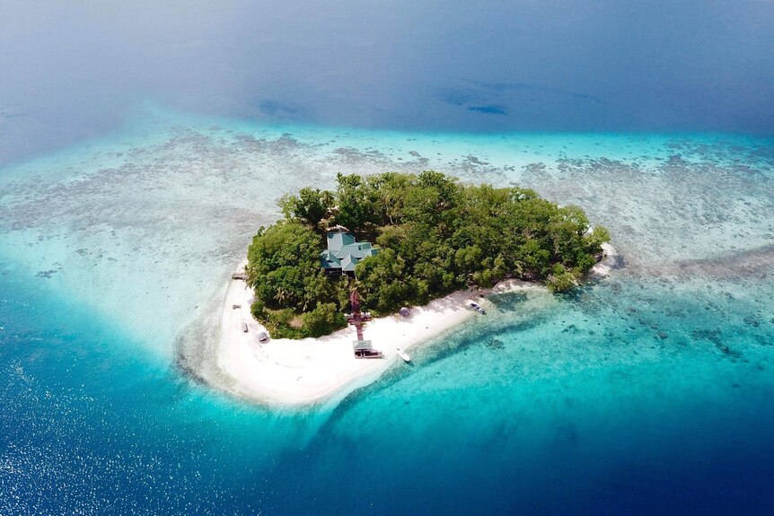 An island surrounded by white sands and light blue waters on a sunny day