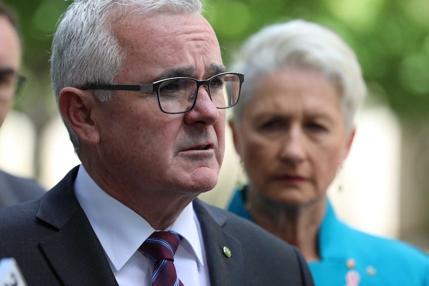 Andrew Wilkie addressing the media with Kerryn Phelps looking on over his left shoulder