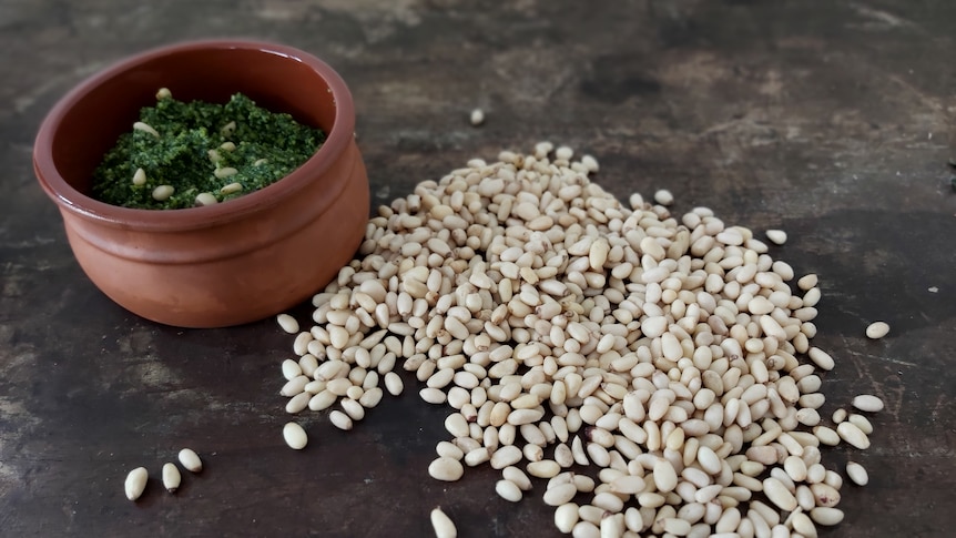 Pine nuts next to a small bowl of pesto.