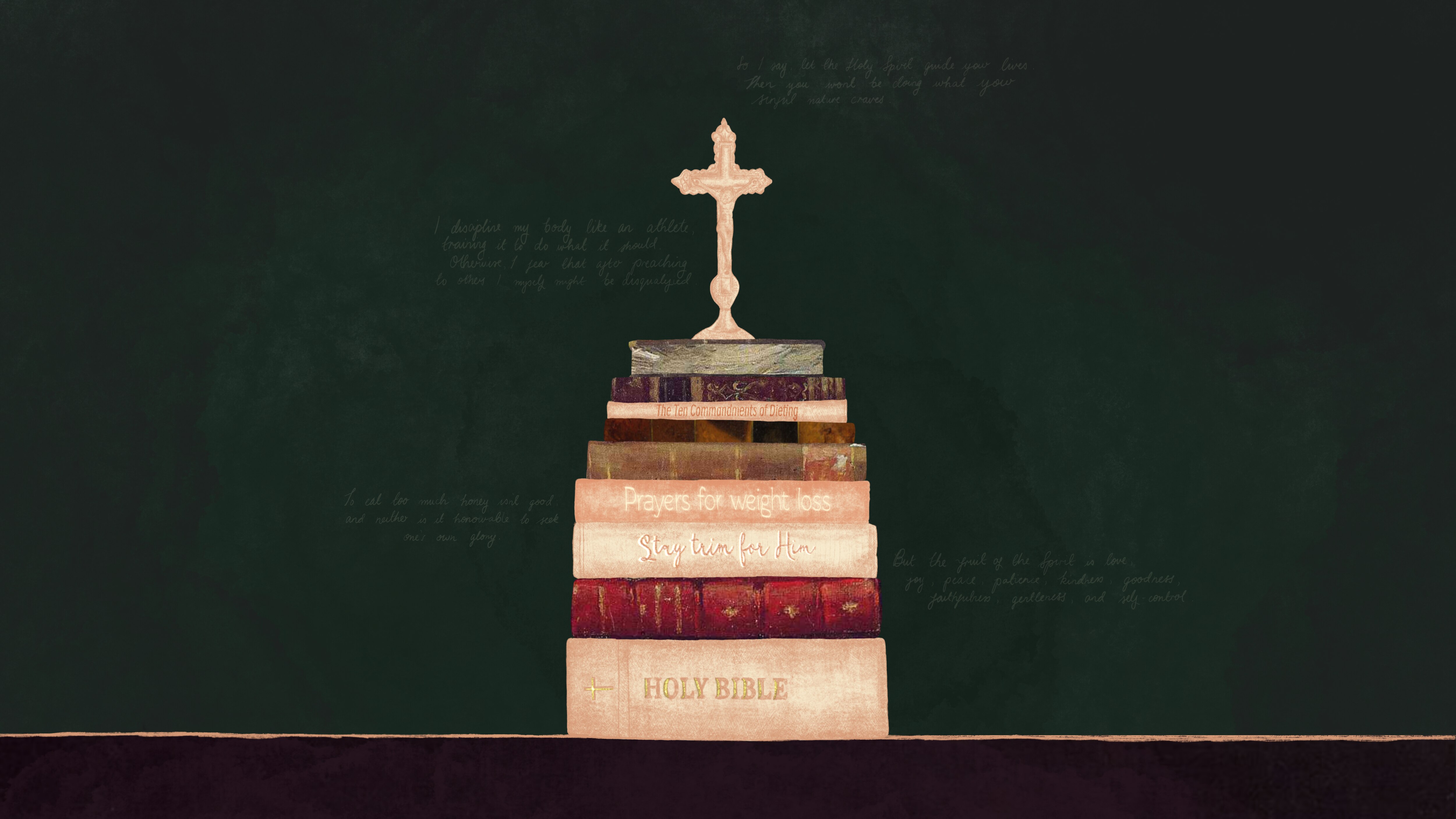 An illustration of a stack of books and a bible, with a crucifix sculpture on top.