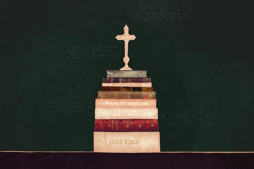 An illustration of a stack of books and a bible, with a crucifix sculpture on top.