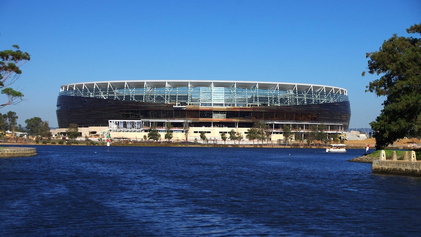 Perth Stadium with the river in front of it.