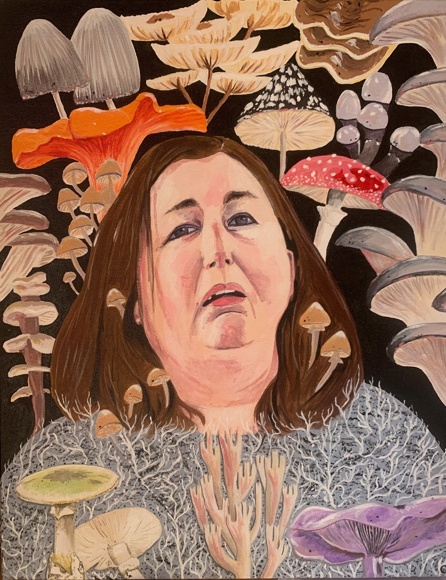 Una pintura de Erin Patterson con varios tipos de hongos flotando a su alrededor.