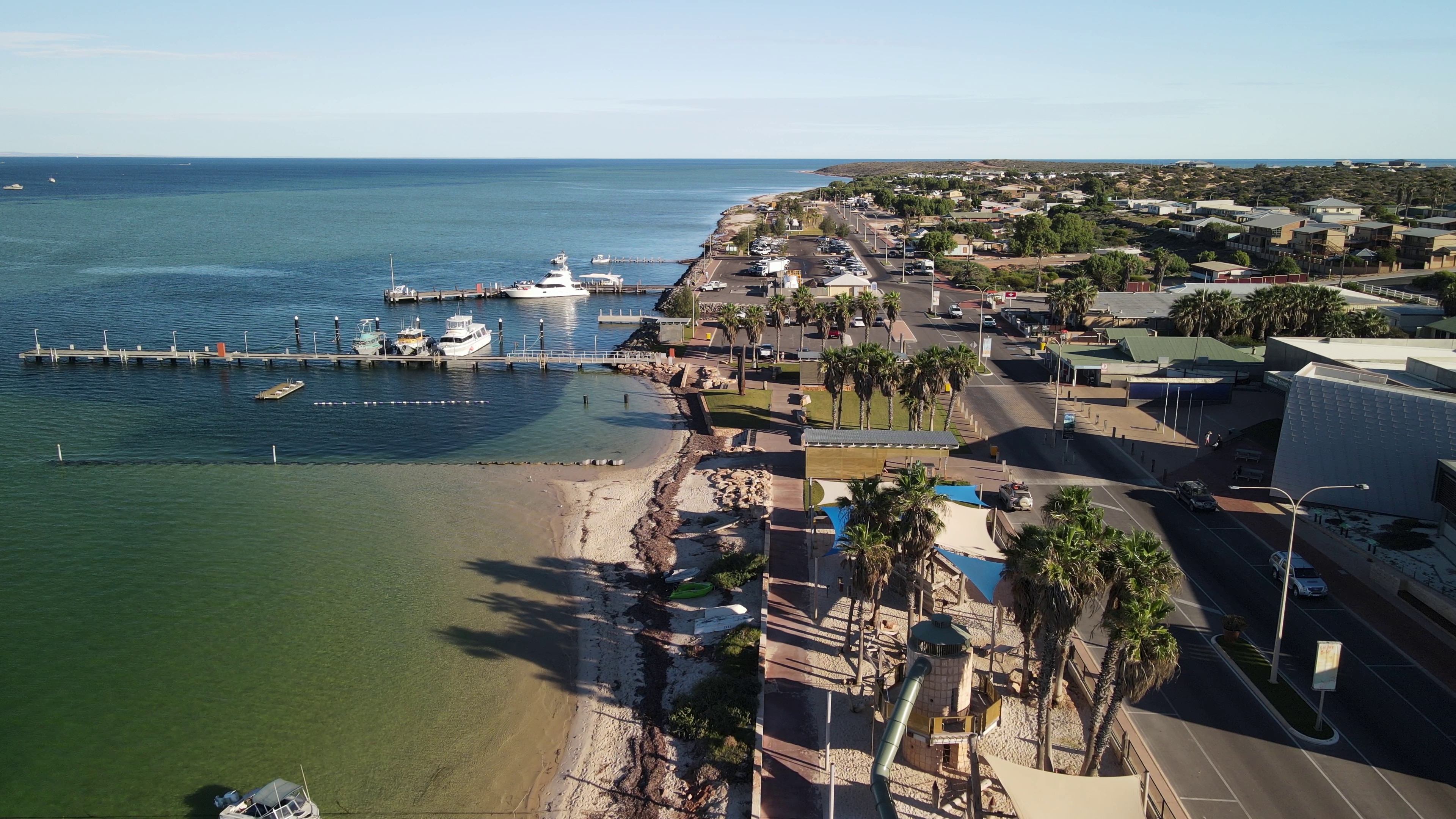 Drone shot of Denham. On the left is pristine coastal water and one the right the main street of town.
