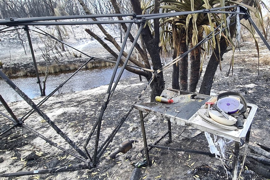 A burnt-out camp site on Fraser Island on November 8