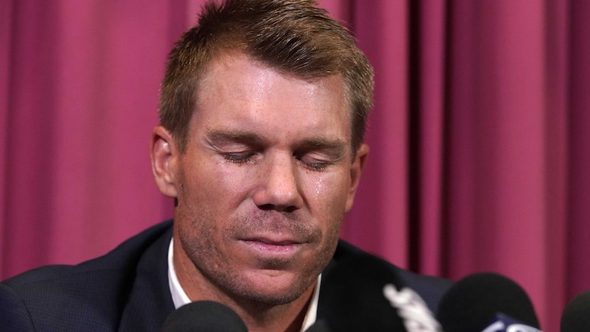 Former Australia vice-captain David Warner cries during a press conference.