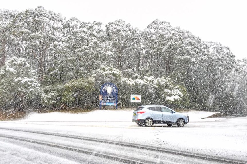 A car in front of snow covered bushland and road, with more snow falling.