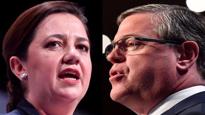 Queensland Premier Annastacia Palaszczuk and Opposition Leader Tim Nicholls speaking and looking serious in composite photo.