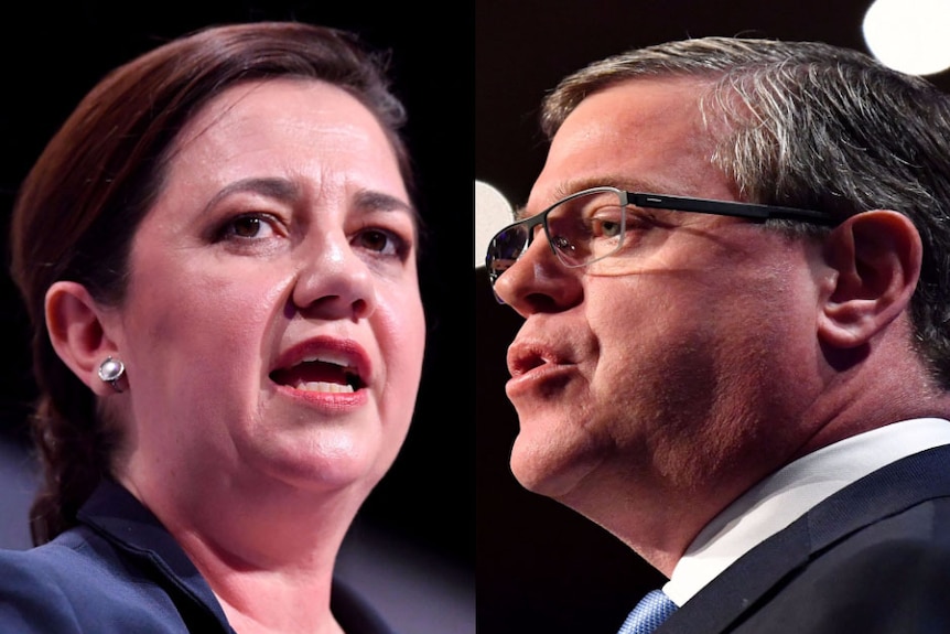 Queensland Premier Annastacia Palaszczuk and Opposition Leader Tim Nicholls speaking and looking serious in composite photo.