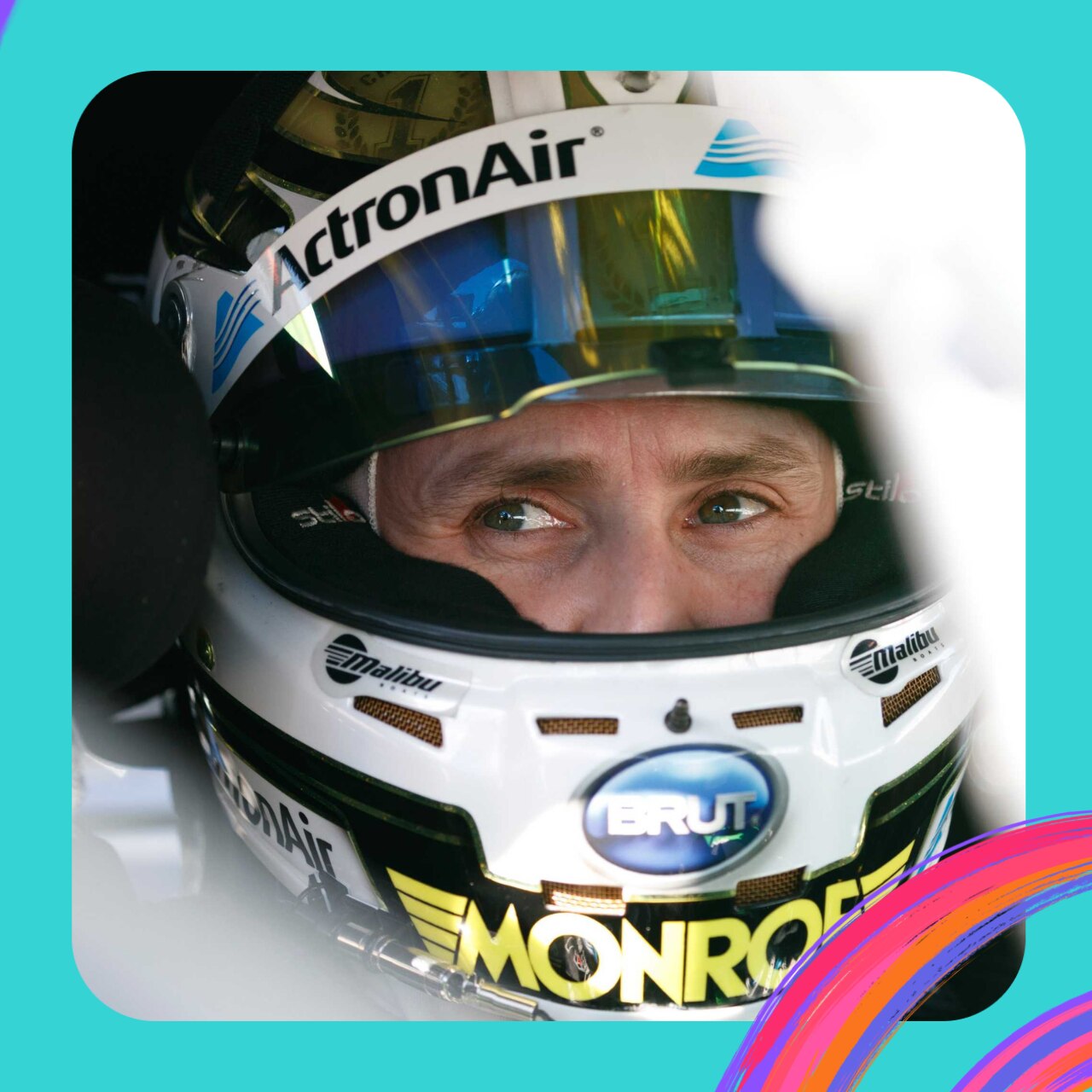 A portrait of Mark Winterbottom in his racing helmet, sitting in his supercar.