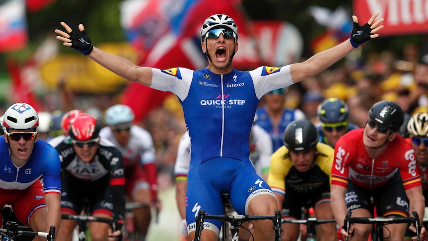 Marcel Kittel celebrates Tour de France stage two win