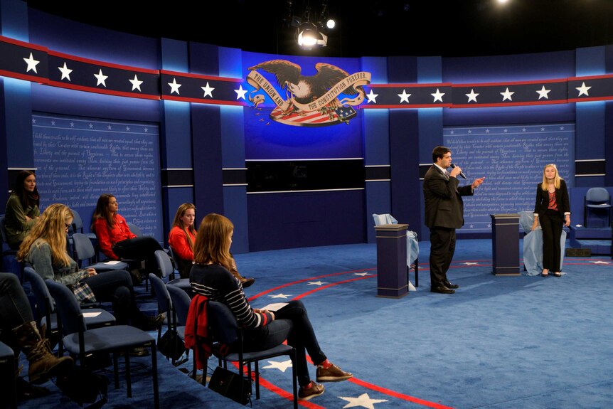 Students play the roles of the candidates at the location of the second debate