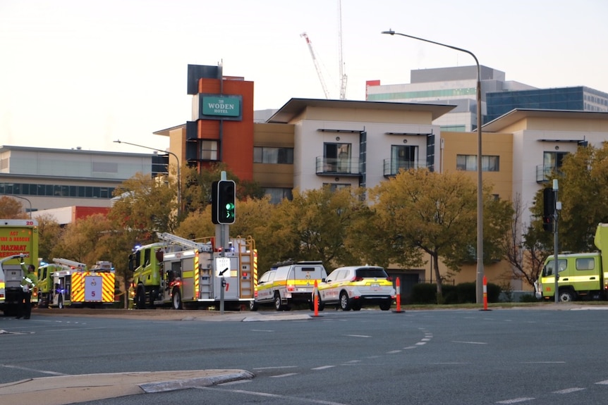 Emergency services vehicles respond to report of flames, smoke at a South Canberra hotel.