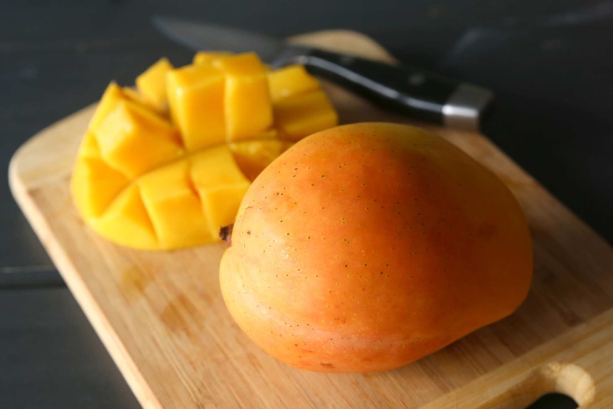 A large kensington pride mango sits on wooden cutting board beside a mango cheek cut into squares and a knife