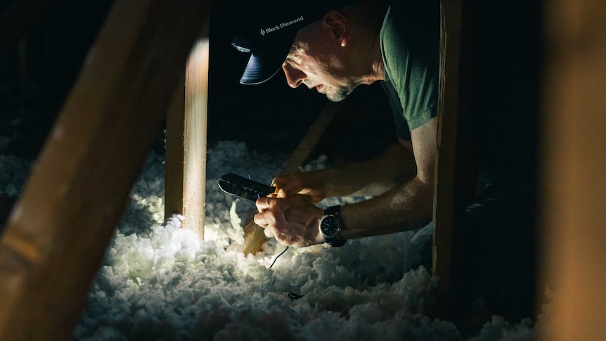 A man in a roof cavity surrounded by fluffy insulation
