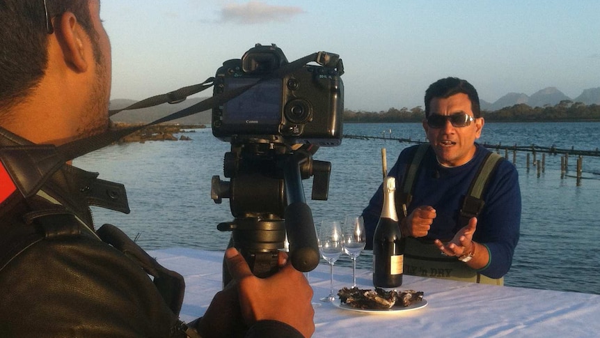 Sanjeev Kapoor filming his TV show at an oyster farm on the east coast of Tasmania