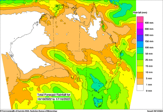Map of Aus GREEN in the SE and TAS indicating heavy rain over the next 8 days