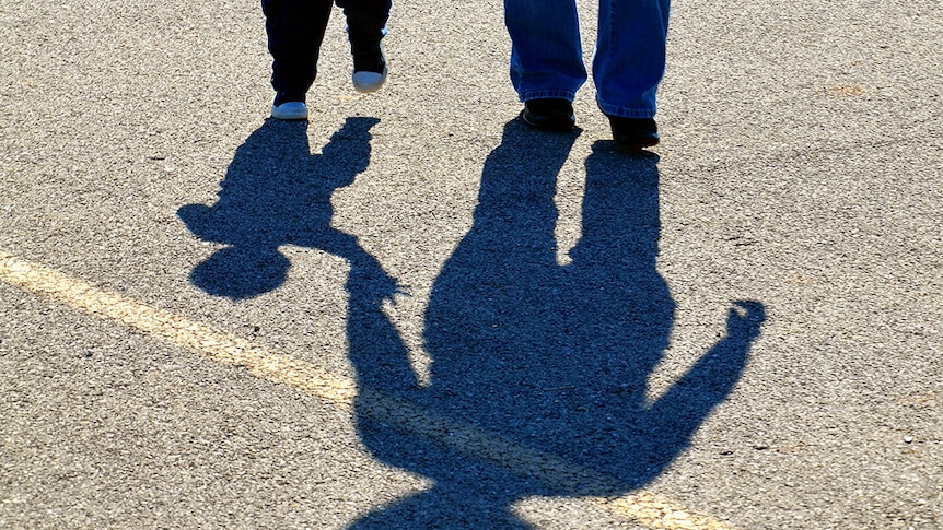 A child and adult hold hands in silhouette.