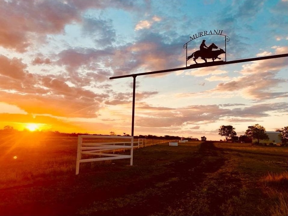 a gate with a cut-out of a man on a horse silhouetted against a sunset.