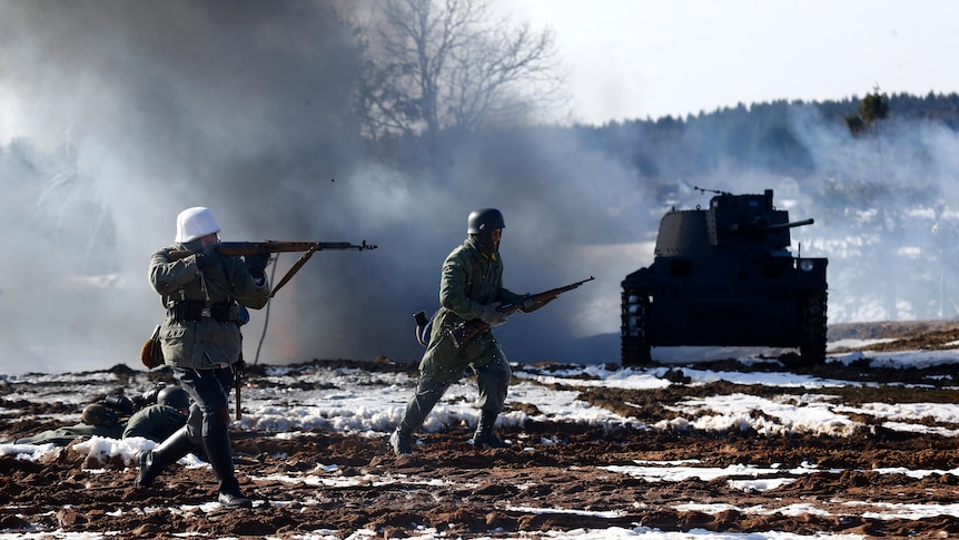 Military enthusiasts take part in a re-enactment of the World War II battle of Stalingrad.