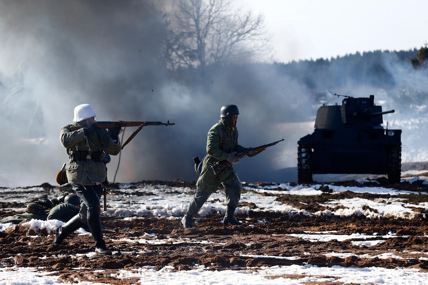 Military enthusiasts take part in a re-enactment of the World War II battle of Stalingrad.