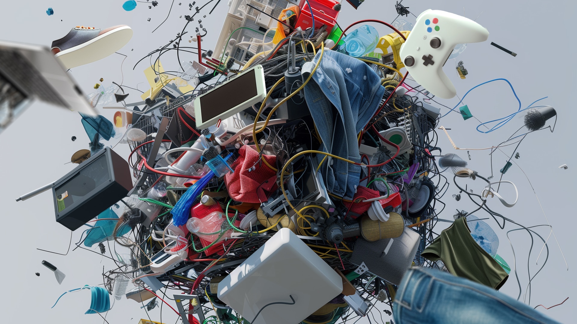 An AI illustration of electronics, textile and plastic in a big tangled ball of waste.
