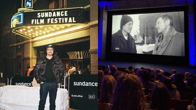 Two photos - one of man standing outside Sundance cinema, one of film playing