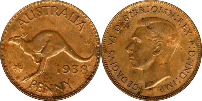 Un centavo australiano de 1938 con la imagen del rey Jorge VI.